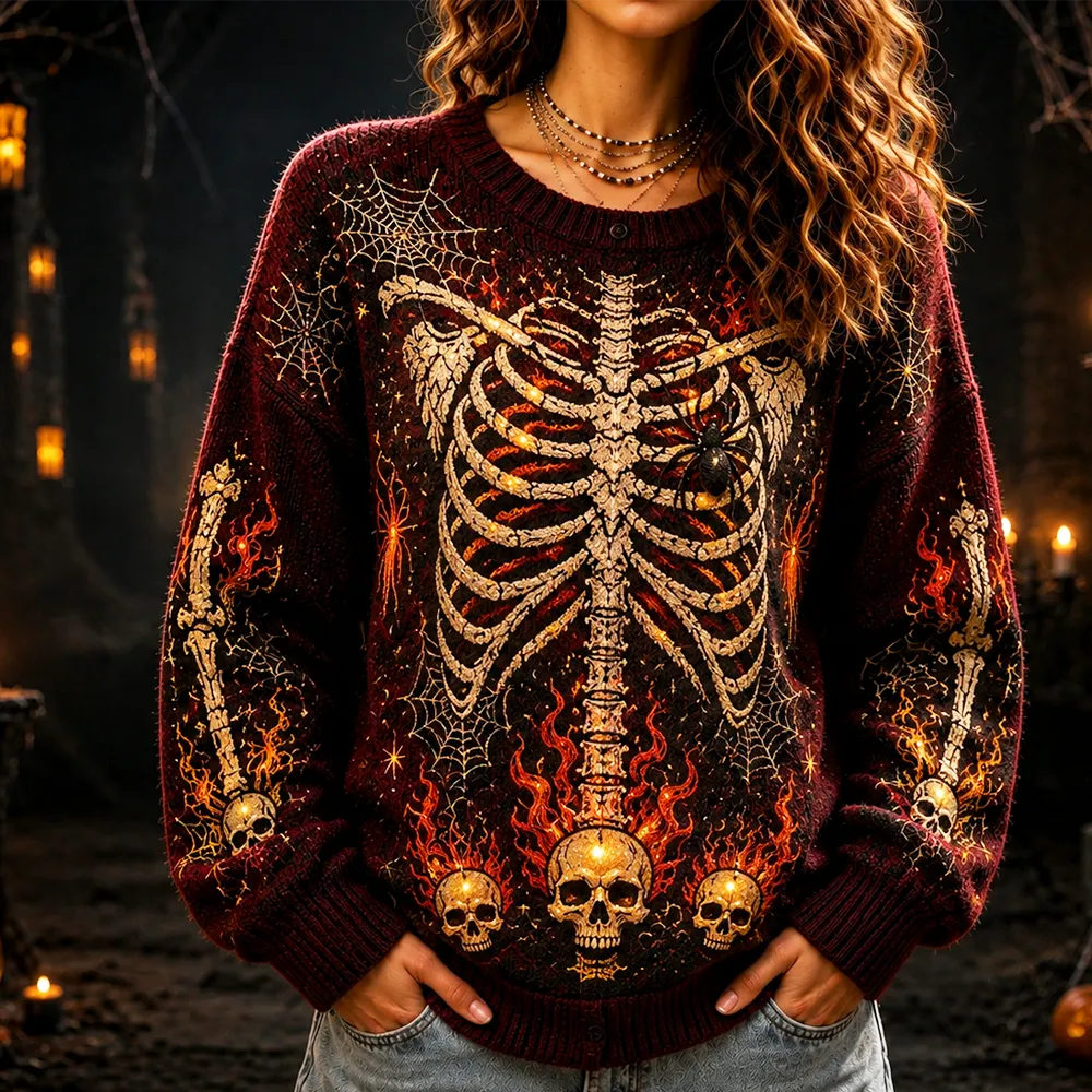 Women's Halloween Ribcage Skeleton & Skulls Graphic Knit Sweater - Burgundy Fire & Spider Web Pattern