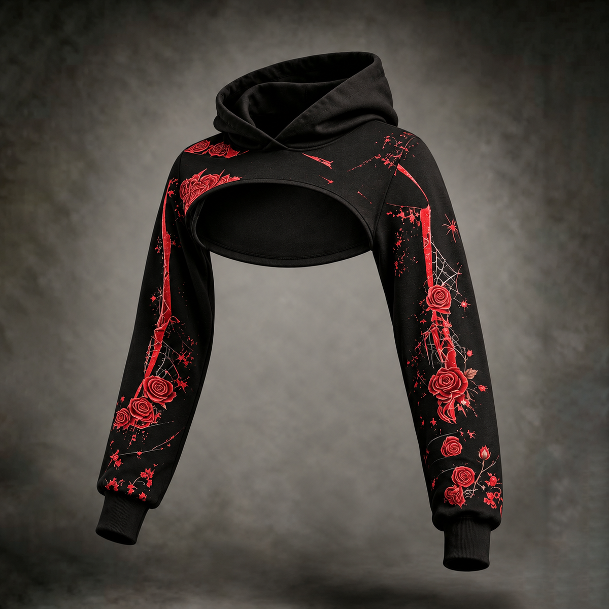 Women's Dark Retro Halloween Rose Skeleton Spider Web Print Three-piece Set