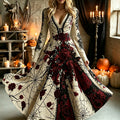 Women's Retro Halloween Floral Spiderweb Art Print V-neck Long Sleeve Dress