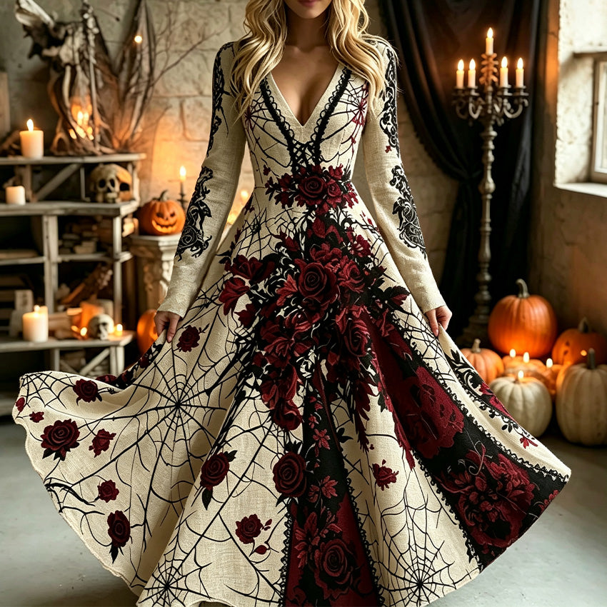 Women's Retro Halloween Floral Spiderweb Art Print V-neck Long Sleeve Dress