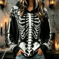 Women’s Vintage Halloween White Rose And Human Skeleton Art Print Hoodie