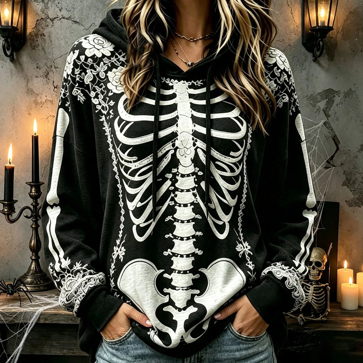 Women’s Vintage Halloween White Rose And Human Skeleton Art Print Hoodie