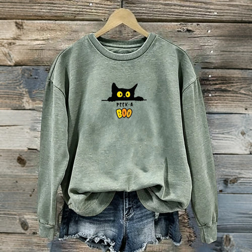 Halloween Retro Cat Letter Print Crew Neck Sweatshirt