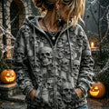 Retro Washed Gothic Halloween Grey Skull Print Full Zip Hoodie