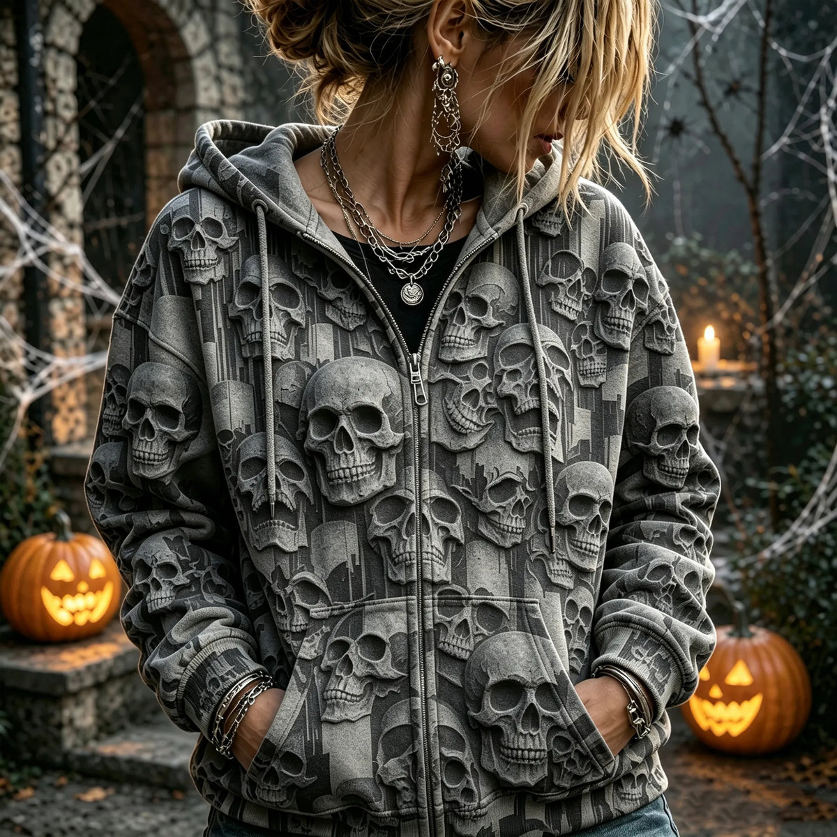 Retro Washed Gothic Halloween Grey Skull Print Full Zip Hoodie