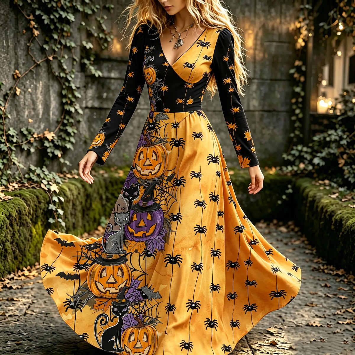 Women's Retro Halloween Black Cat Pumpkin Family Color Block V-neck Dress