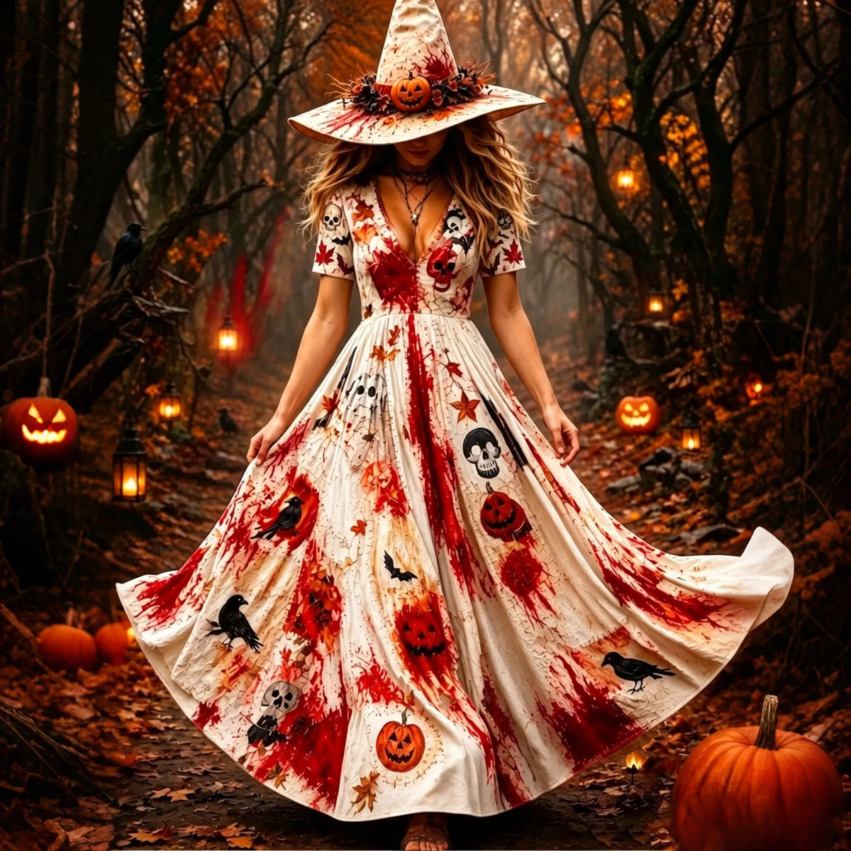Women's Gothic Bloody Halloween Prints Long Sleeve Maxi Dress