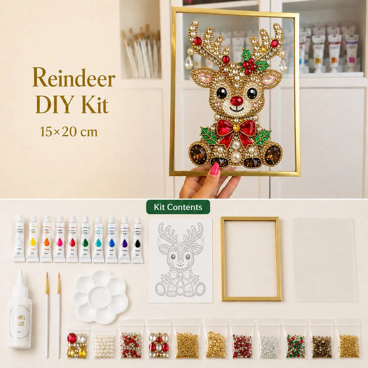 🔥 LAST DAY 49% OFF – 🎄 DIY Jeweled Christmas Tree Art Kit | Colorful Gems, Pearls, Paints & Gold-Tone Floating Display Frame 💎✨