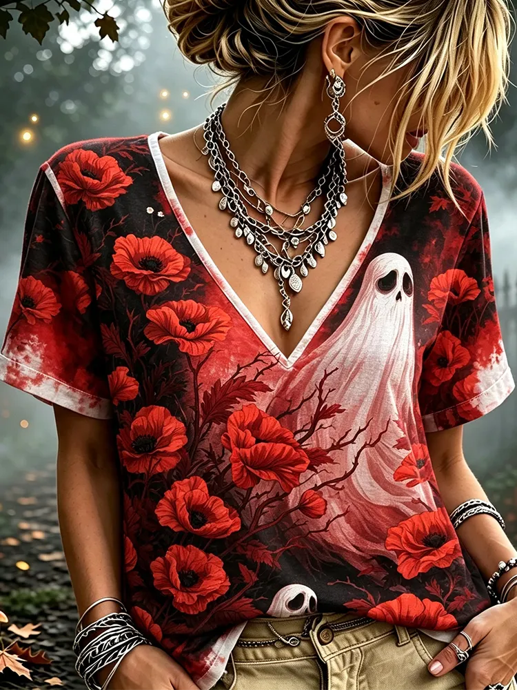 Women's V-neck Short-sleeve T-shirt With Red Poppies And Ghost Graphic Print