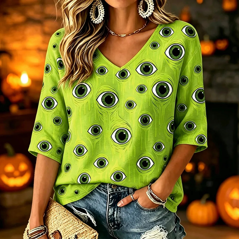 Women's Novelty Graphic V-neck Top - Creepy Green Eyeballs All-over Print Casual Tee