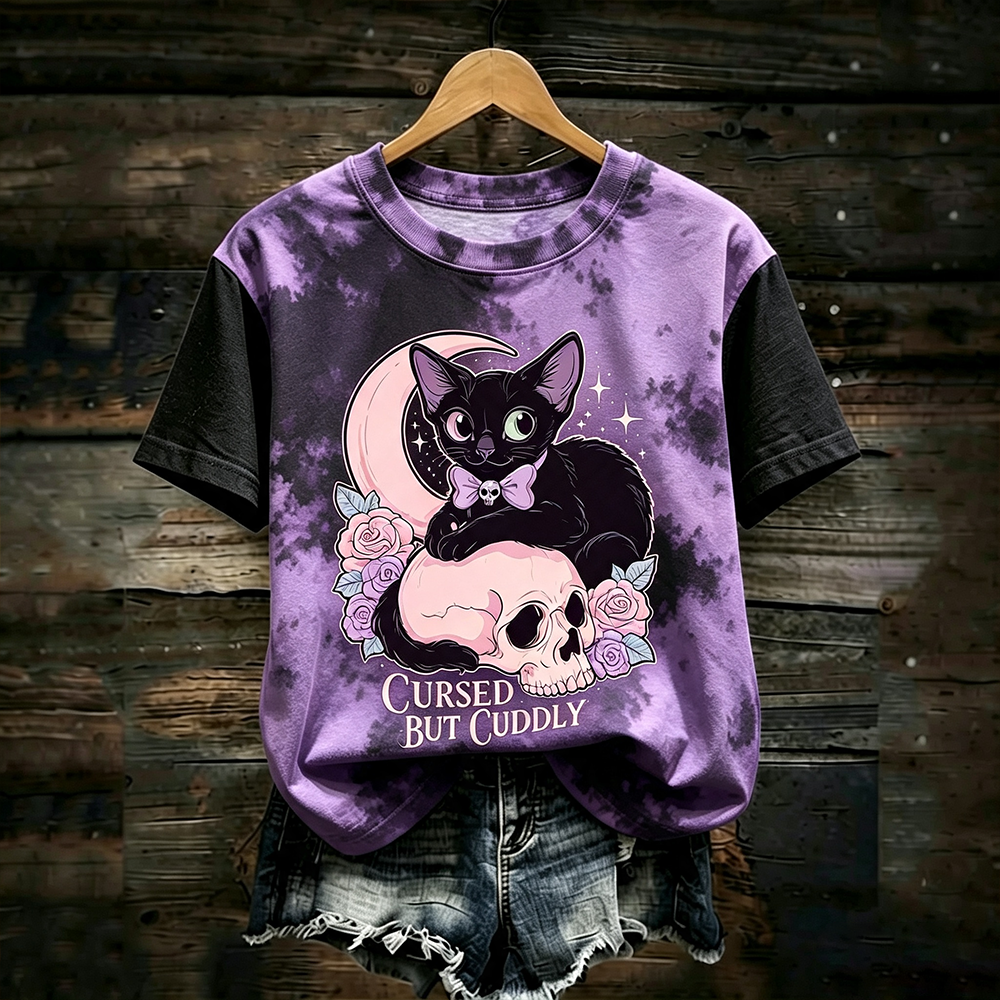 Women's V-neck T-shirt With Pastel Tie-dye, Cat On Skull, Rose, And "cursed But Cuddly" Print