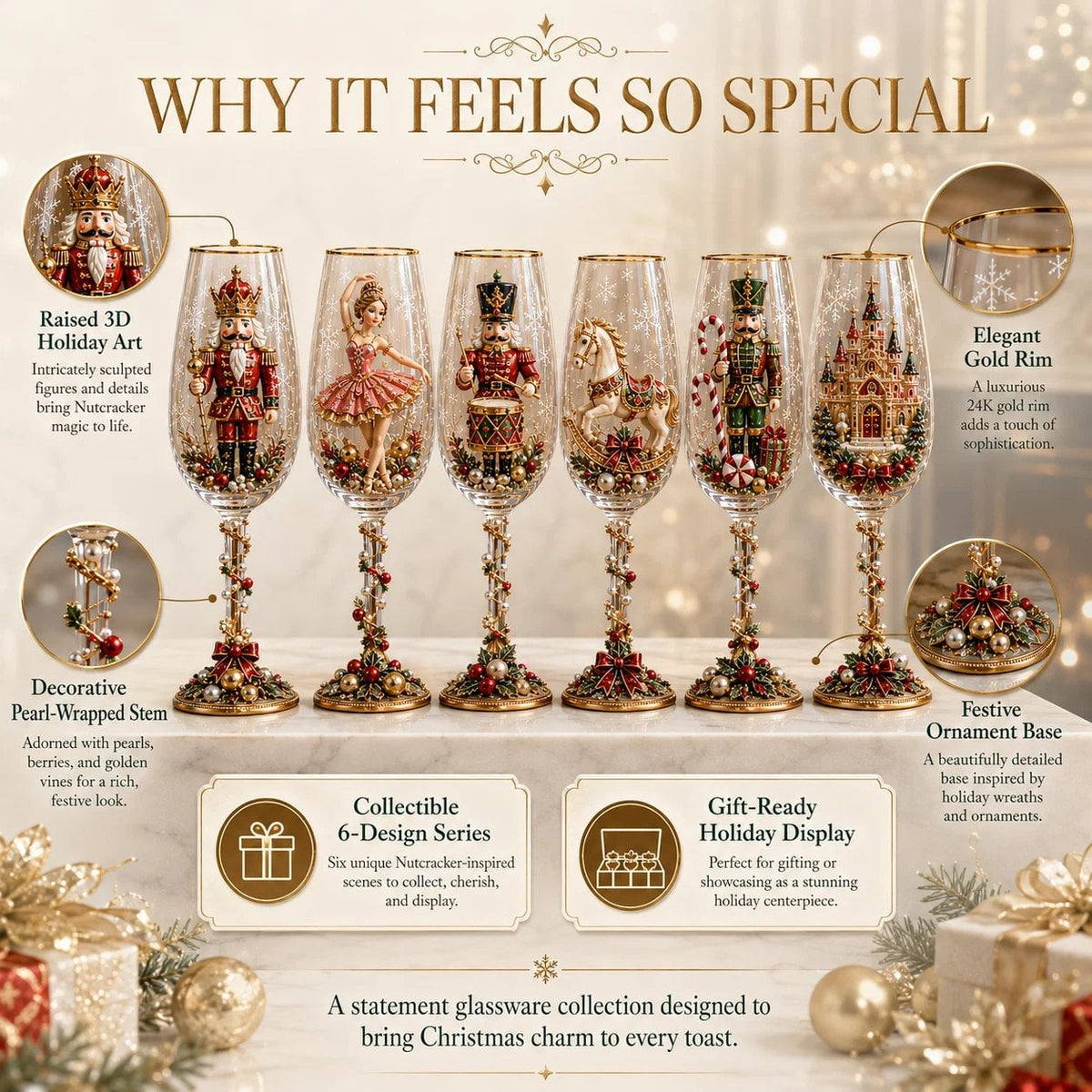 🎁🎭 Nutcracker-Inspired Christmas Collector Champagne Glass Set