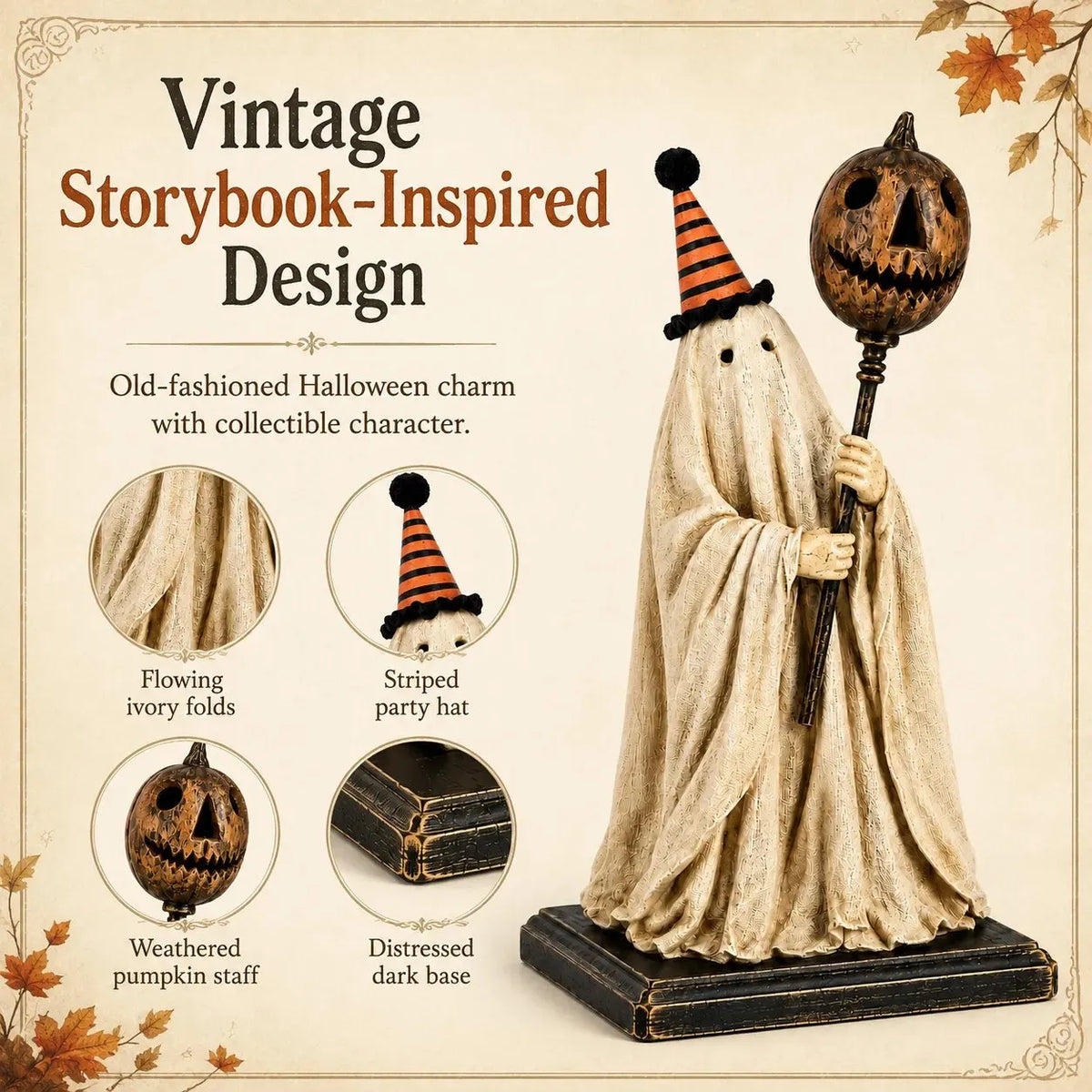 Lighted Vintage Ghost Figurine with Glowing Pumpkin Staff 👻💡