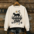 Women's Casual Crewneck Sweatshirt In Off-white With Black Cat, Sun, And Cat Skeleton Reflection Print