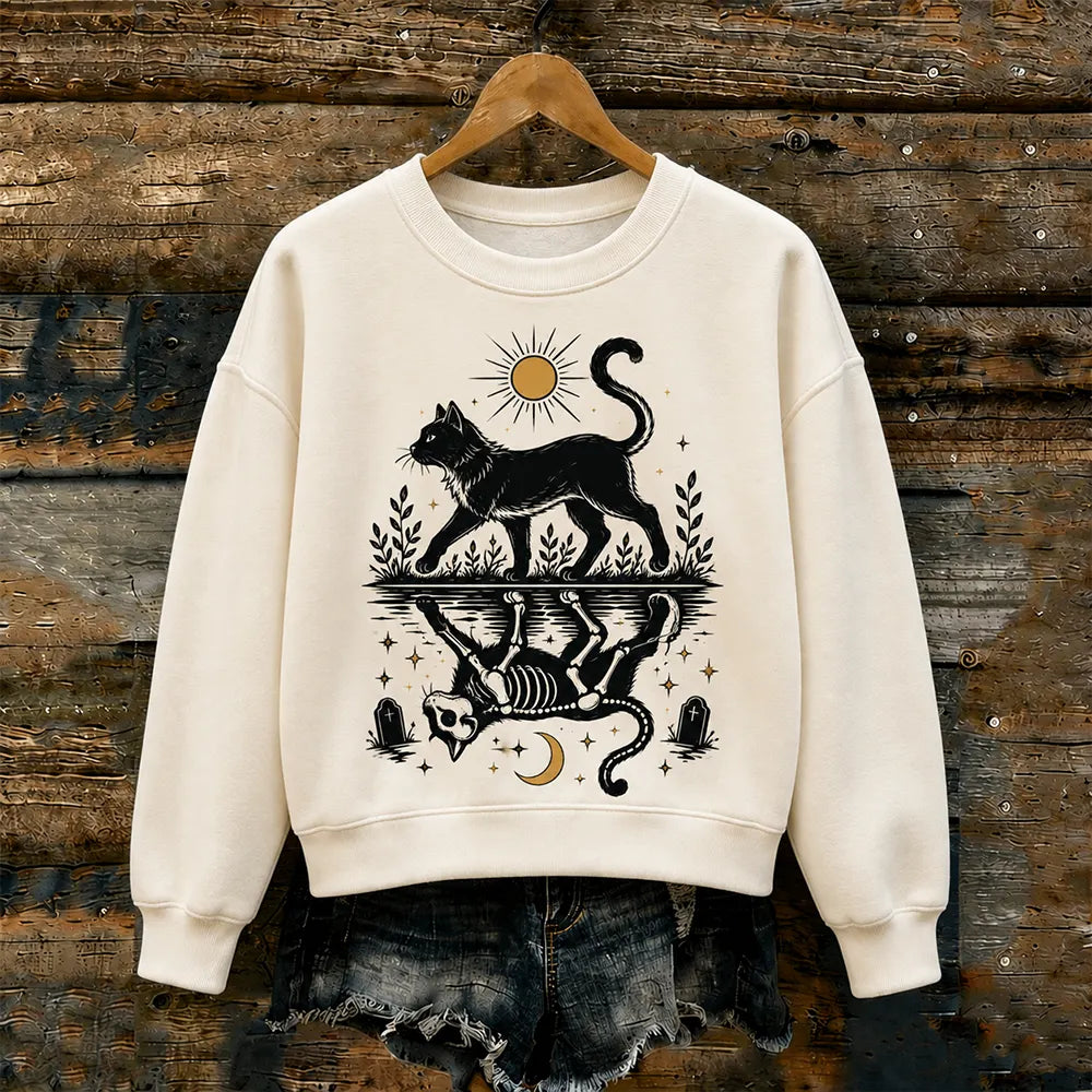 Women's Casual Crewneck Sweatshirt In Off-white With Black Cat, Sun, And Cat Skeleton Reflection Print
