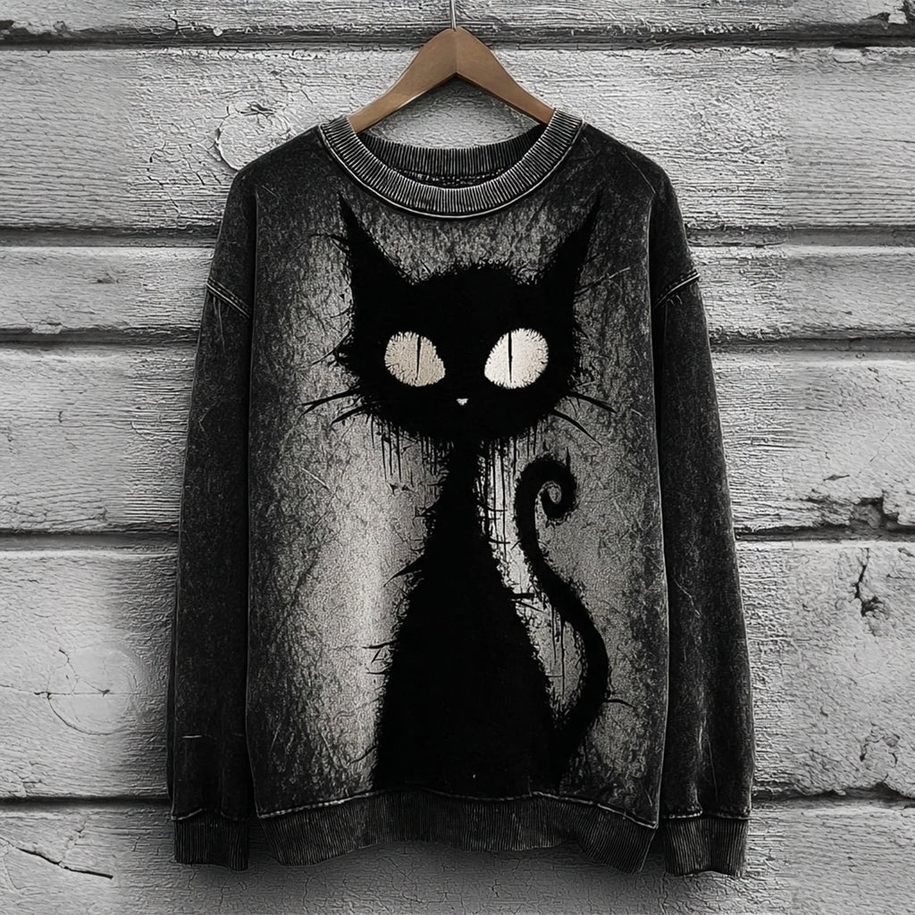 Women's Halloween Black Cat Art Print Casual Sweatshirt