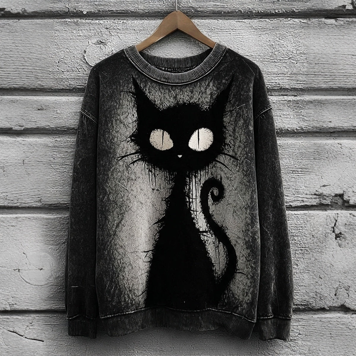 Women's Halloween Black Cat Art Print Casual Sweatshirt