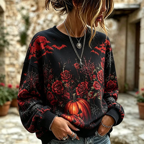 Women's Crewneck Long Sleeve Sweatshirt - Spooky Halloween Theme Featuring Jack-o'-lantern Pumpkins, Spiderwebs, Blooming Roses And Flying Bats Print Top