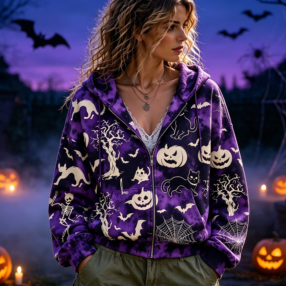 Women's Halloween Graphic Zip-up Hoodie - Purple Tie-dye Spooky Cat & Pumpkin Print Jacket