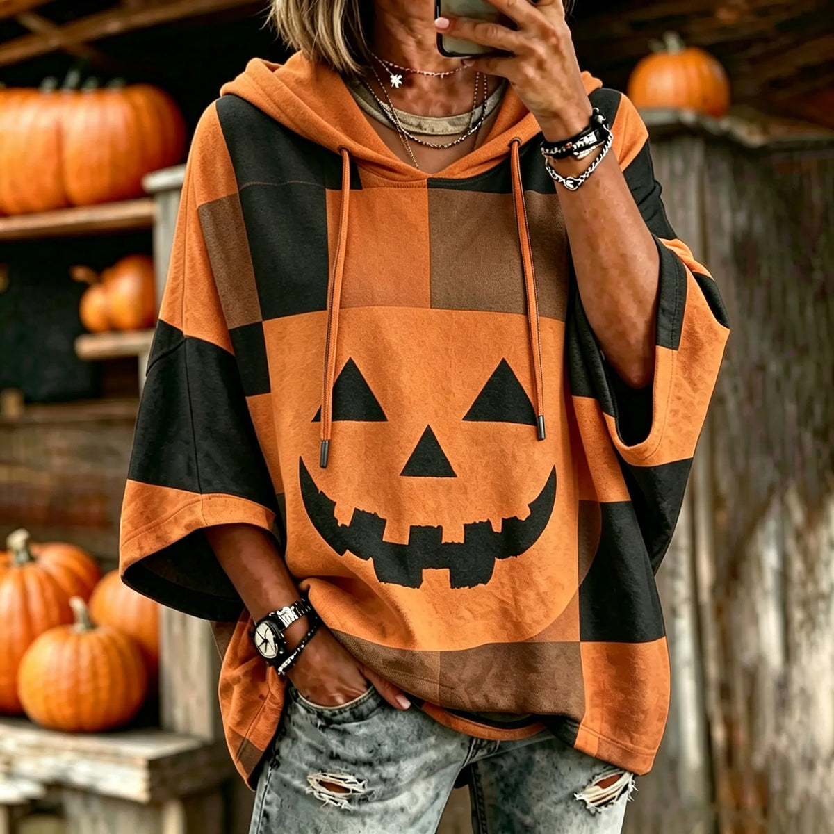 Women's Vintage Patchwork Halloween Pumpkin Face Art Printed  Hooded Sweatshirt