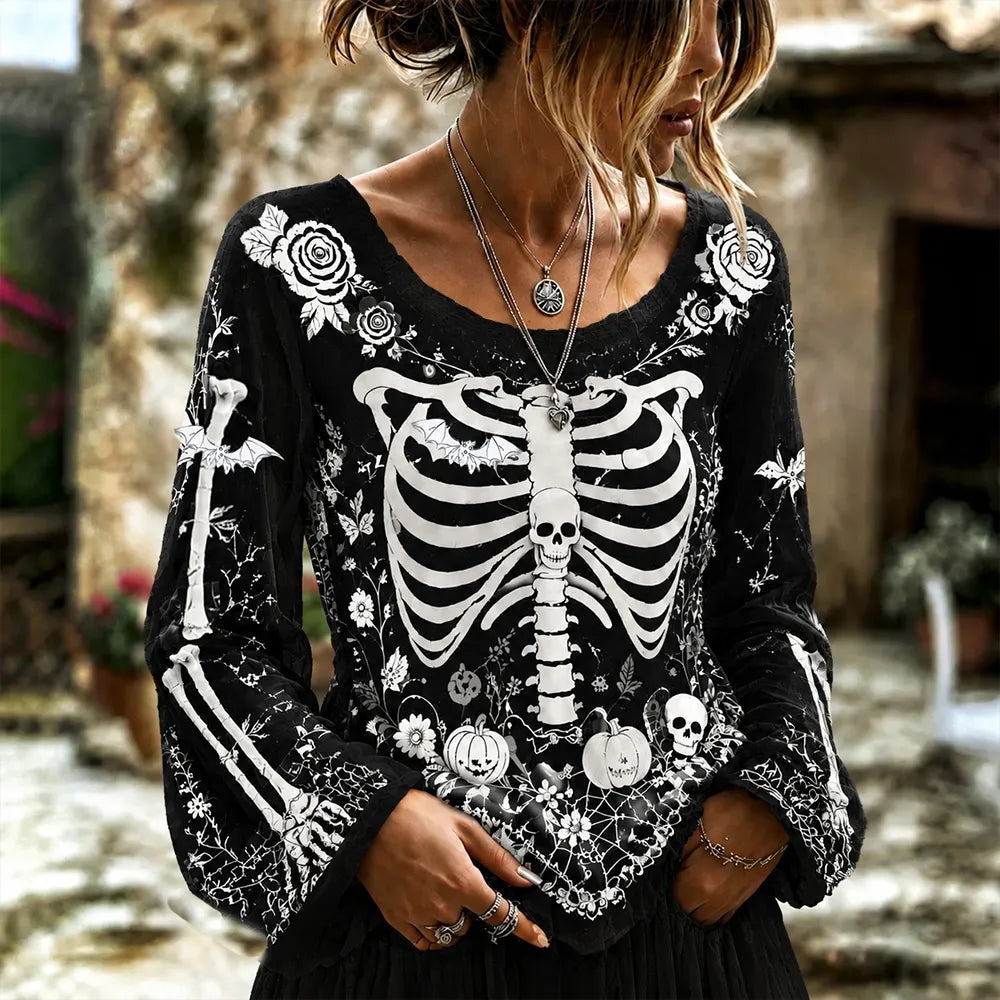 Halloween Skull Art Black And White Contrast Cotton Linen Long-sleeved Top