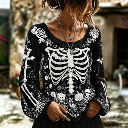 Halloween Skull Art Black And White Contrast Cotton Linen Long-sleeved Top