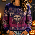 Women's Crewneck Knit Sweater Featuring Witch Cat Skull, Roses, And Spiderwebs