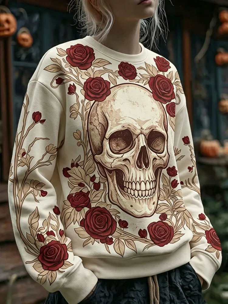Women's Retro Halloween Skull And Floral Print Crew Neck Sweatshirt