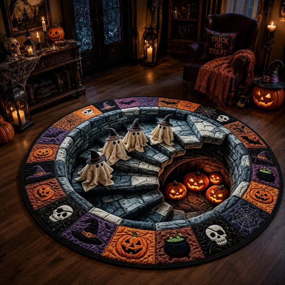 🔥👻 3D Haunted Staircase Round Rug – Spooky Halloween Optical Illusion