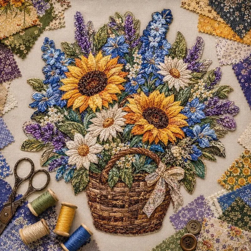 🌸🧵 Premium Floral Basket Patchwork DIY Kit | High-Quality Layered Fabric Bouquet with Raised Petals & Woven Basket Details ✨