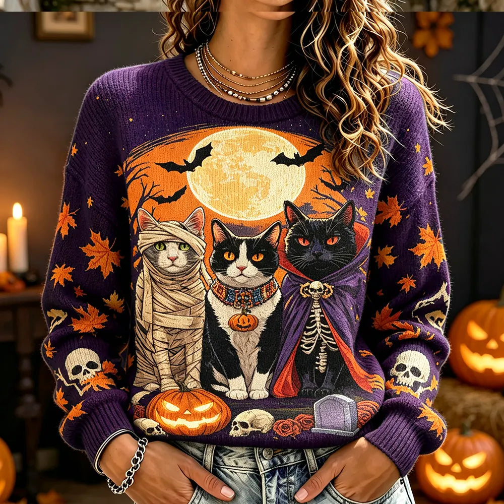 Women's Crewneck Knit Sweater Featuring Three Halloween Cats And Full Moon