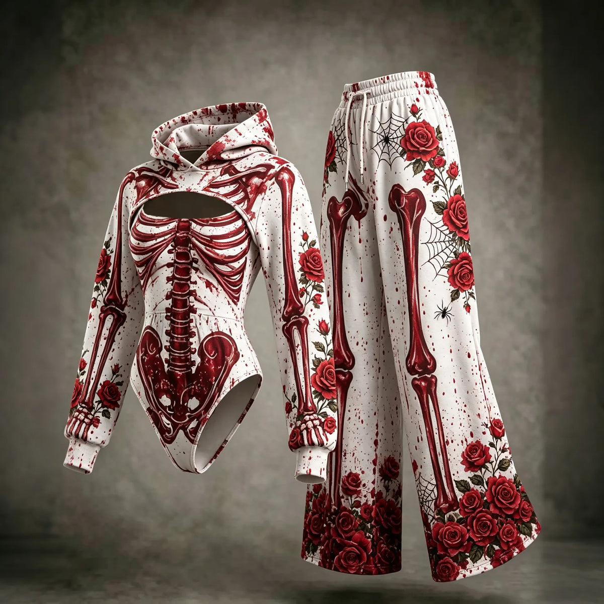 Women's Retro Halloween Rose Skeleton Spider Web Print Set