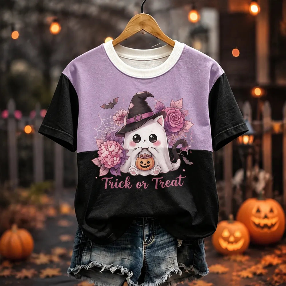 Unisex Purple And Black Colorblock Trick Or Treat Ghost Witch Cat Print Short Sleeve T-shirt