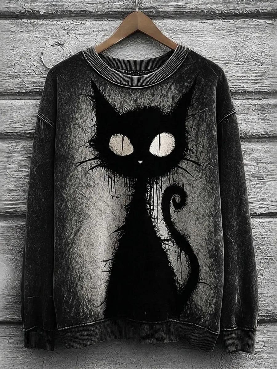 Women's Halloween Black Cat Art Print Casual Sweatshirt