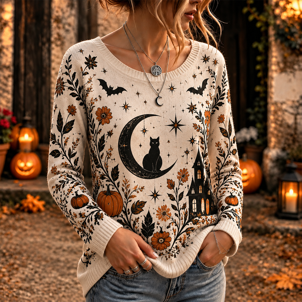 Women's Beige Halloween Cat And Moon Crewneck Sweater