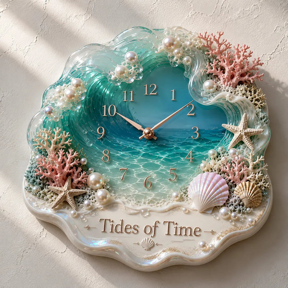 Tides of Time Ocean Wave Wall Clock – Iridescent Coastal Décor with Pearls, Seashells & Coral