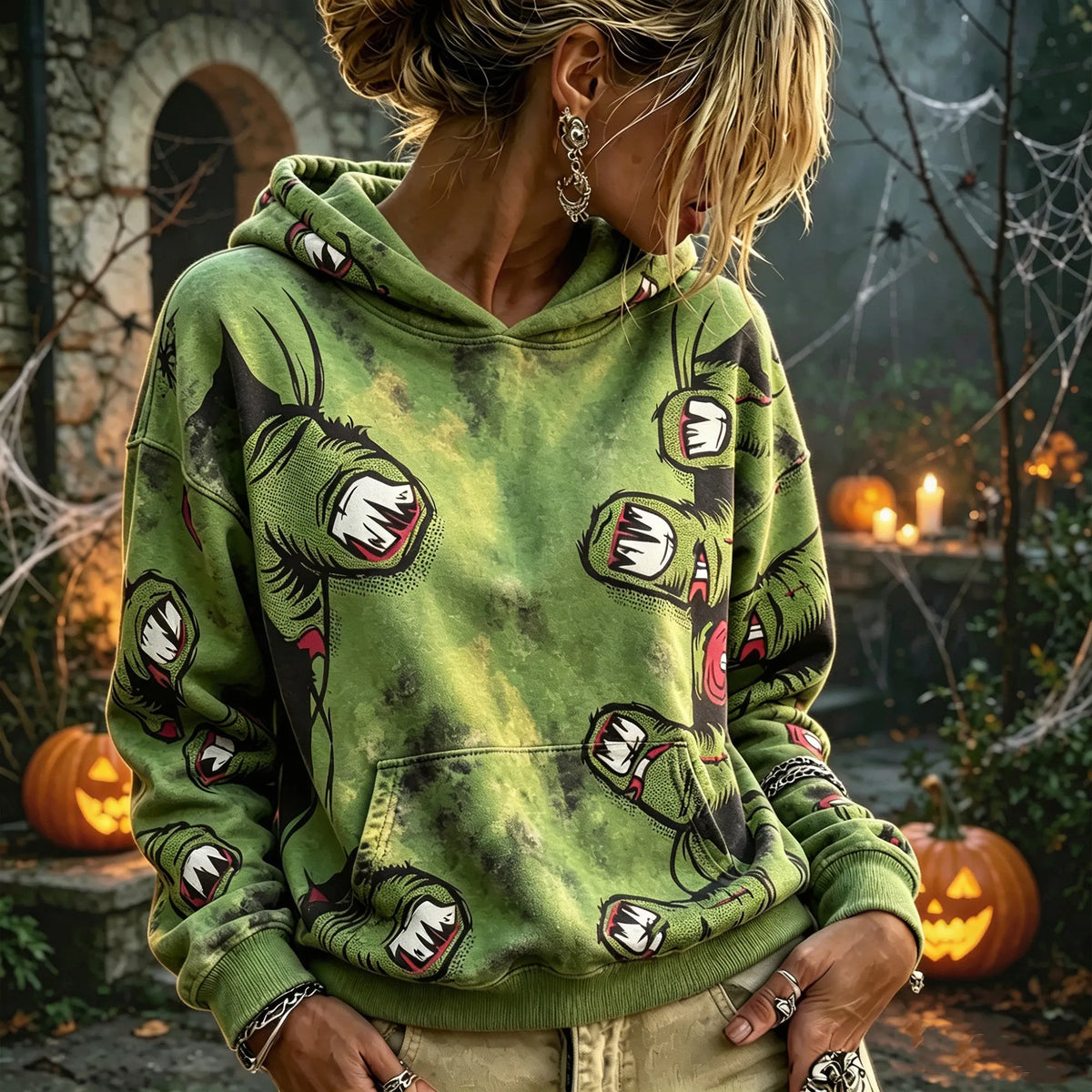 Women's Halloween Distressed Tie-dye Zombie Hand Pattern Loose Casual Hooded Top