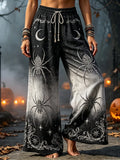 Women's Gothic Drawstring Wide-leg Pants With Spiders, Crescent Moons, And Stars Print