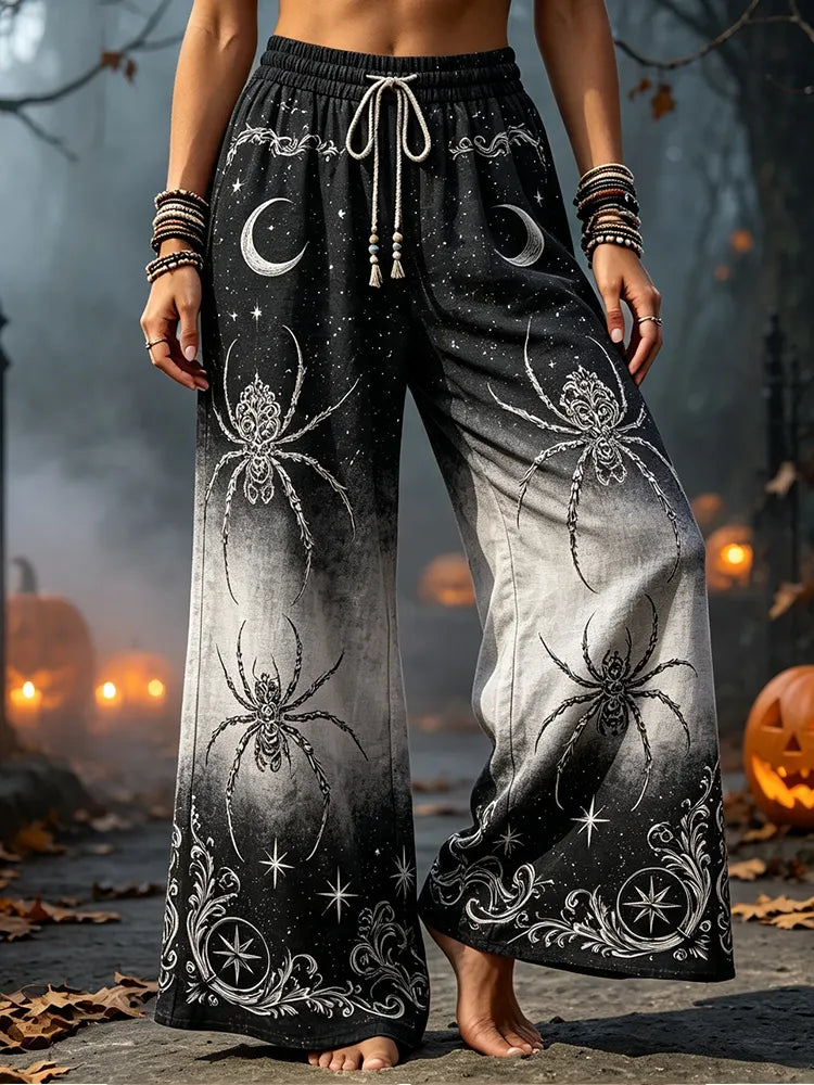Women's Gothic Drawstring Wide-leg Pants With Spiders, Crescent Moons, And Stars Print