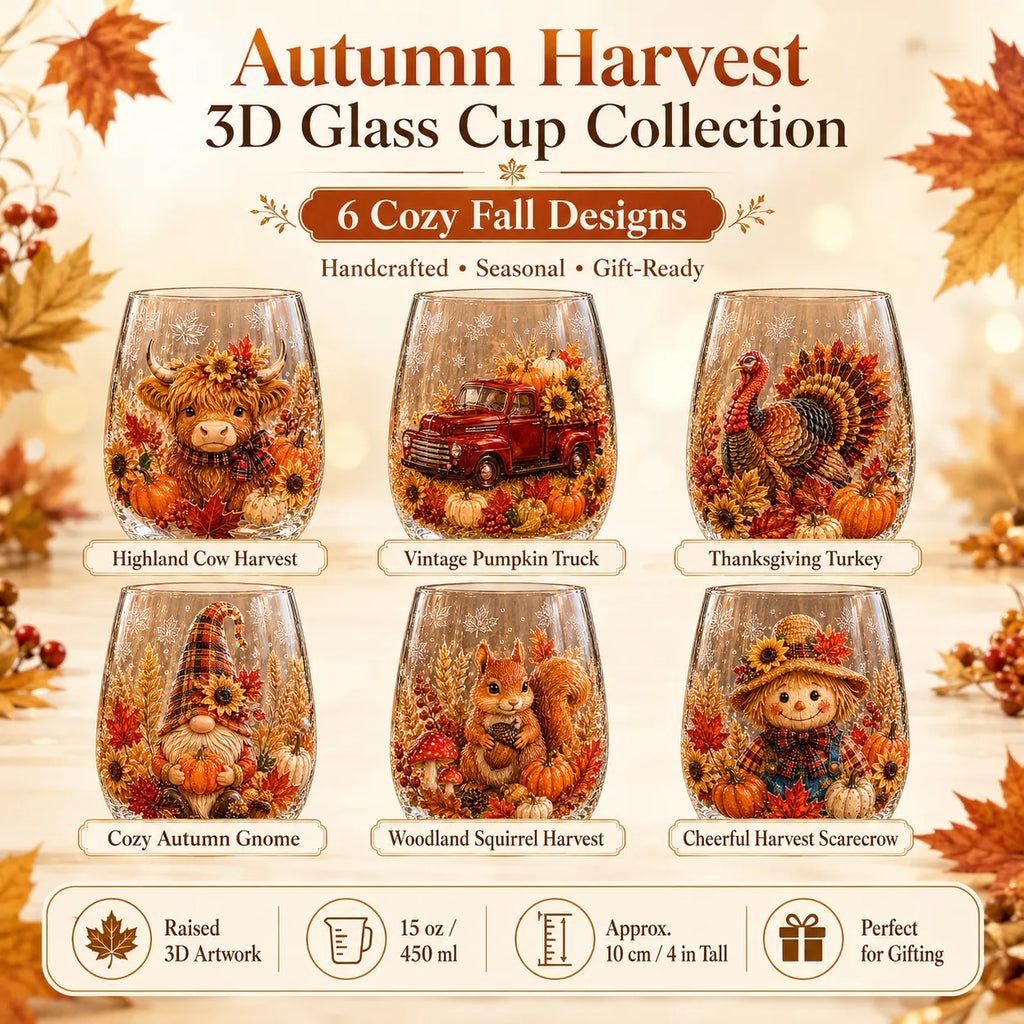🍂Autumn Harvest 3D Glass Cup Gift Set – 6 Festive Designs
