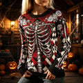 Women's Halloween Skeleton Poker Flowers Pattern Cozy Knit Sweater