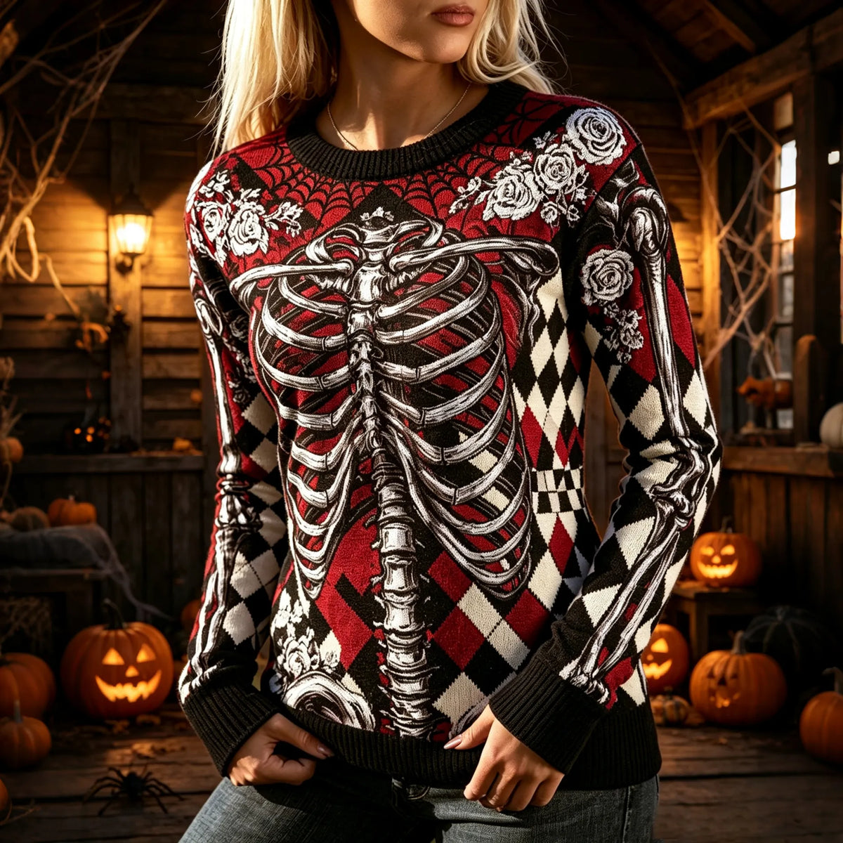 Women's Halloween Skeleton Poker Flowers Pattern Cozy Knit Sweater