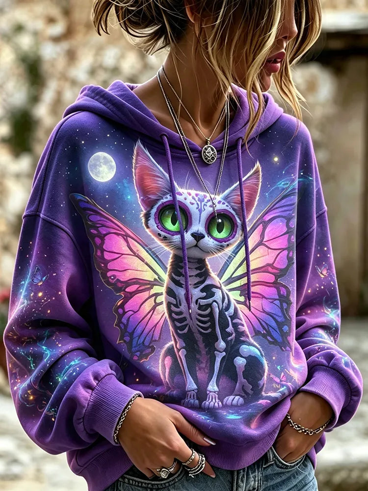 Women's Purple Graphic Pullover Hoodie With Cosmic Skeleton Cat And Butterfly Wings Print