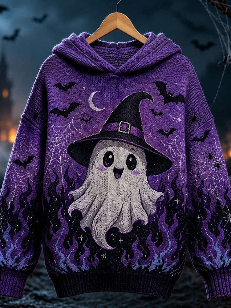 Women's Halloween Cute Ghost In Witch Hat Graphic Hoodie - Purple Flame & Bat Pattern