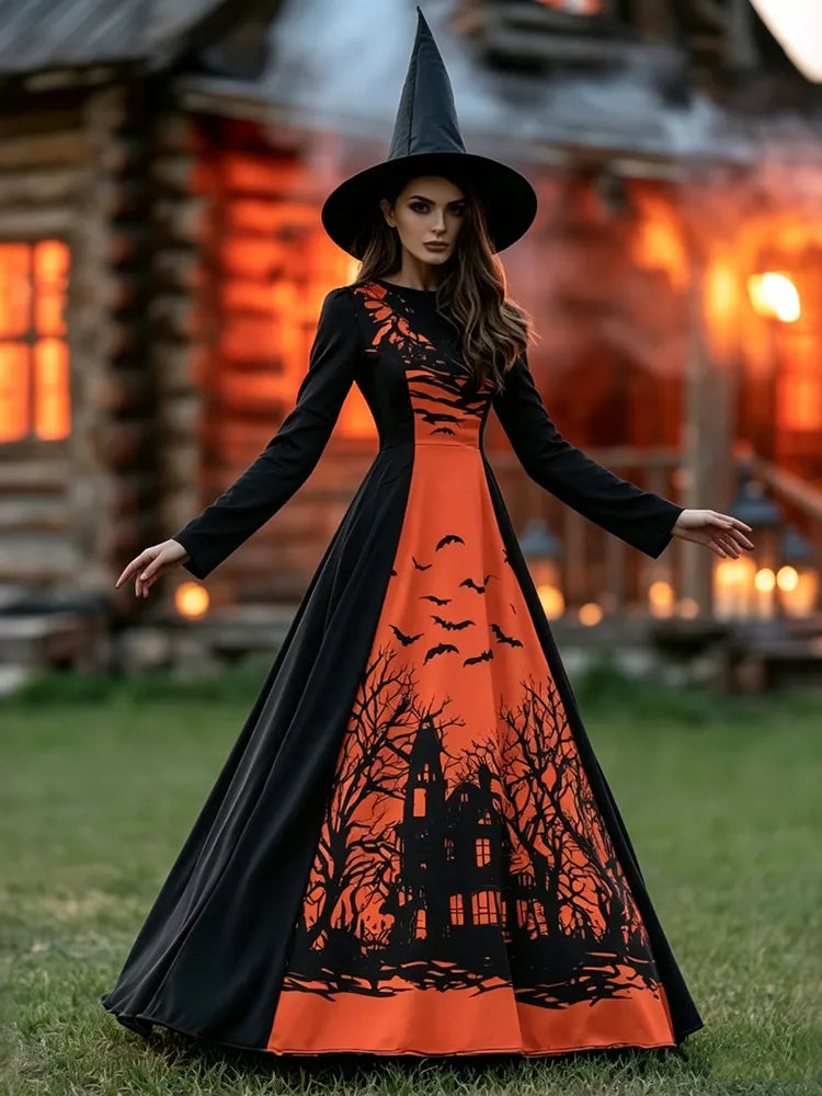 Women's Vintage Halloween Art Print Crew Neck Long Sleeve Maxi Dress