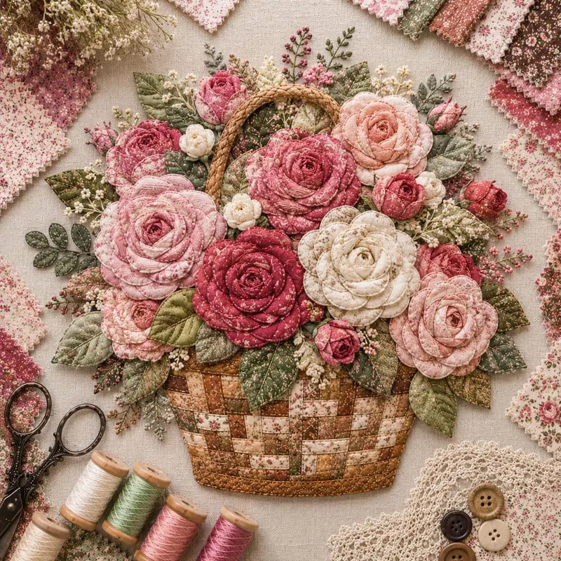 🌸🧵 Premium Floral Basket Patchwork DIY Kit | High-Quality Layered Fabric Bouquet with Raised Petals & Woven Basket Details ✨