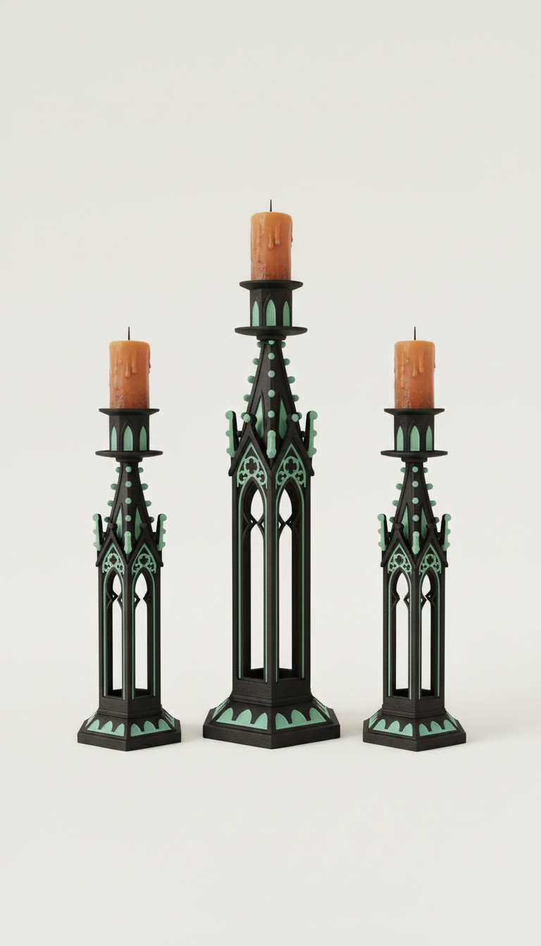 Mint-accented Gothic Candleholder Trio