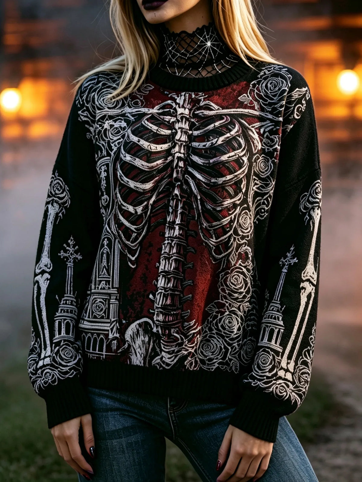Women's Halloween Human Skeleton Design Print Sweater