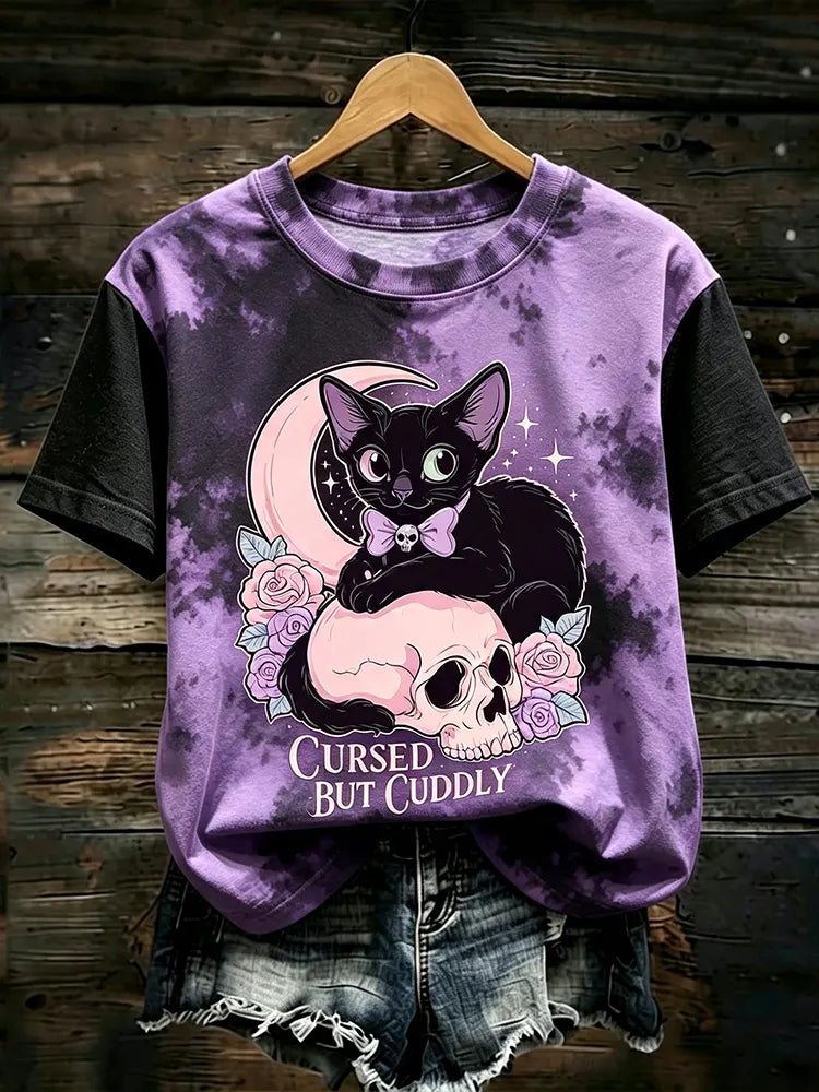 Women's V-neck T-shirt With Pastel Tie-dye, Cat On Skull, Rose, And "cursed But Cuddly" Print