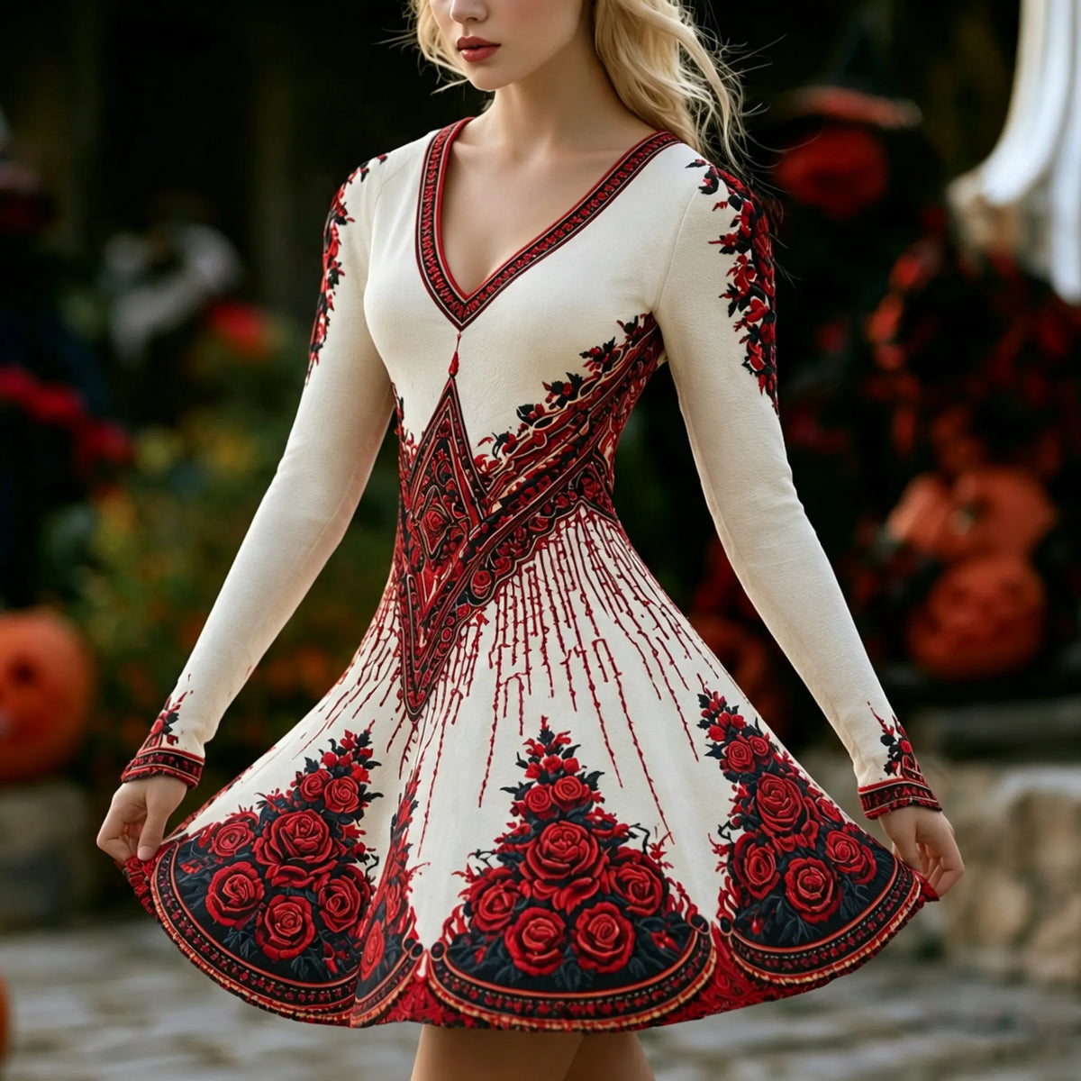 Women's Retro Halloween Gothic Floral Print Long-sleeved Cotton Linen V-neck Dress